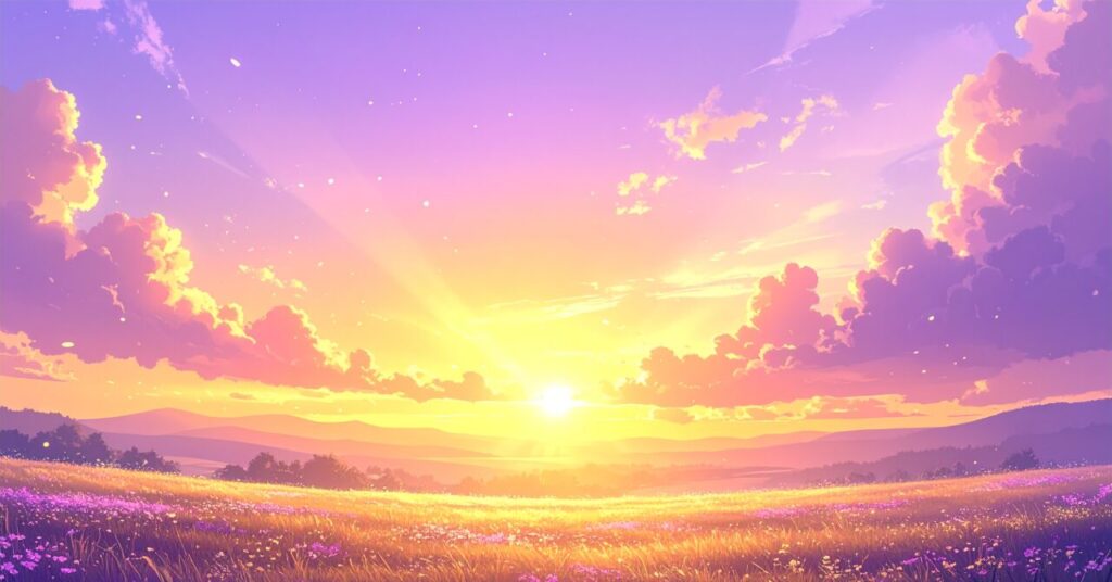 紫と金色に染まる空と、光の差す花畑