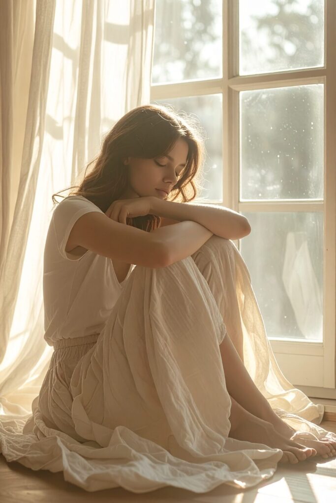 窓辺の床に座り、膝を抱えてうつむく女性