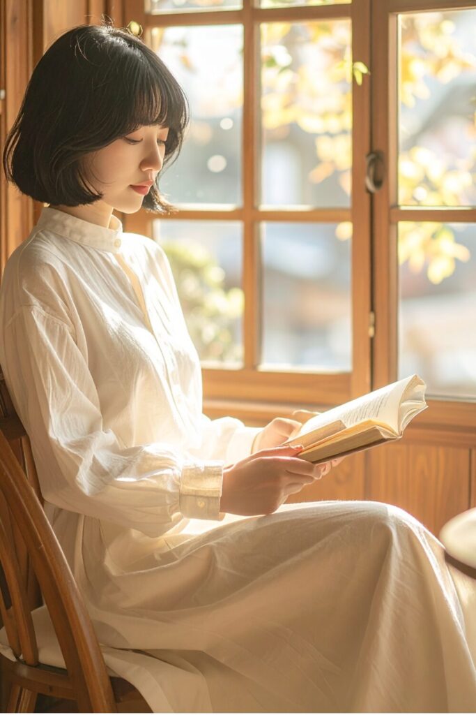 窓辺の椅子に座り、穏やかに本を読む女性