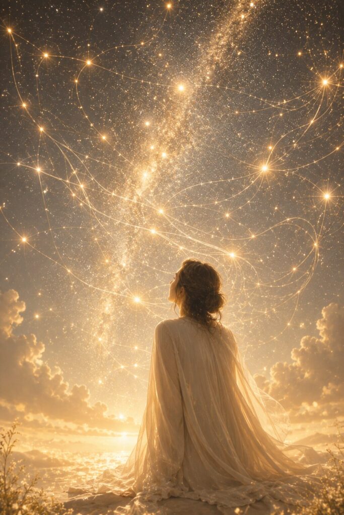 星空に流れる光の下で、背を向けて座る女性