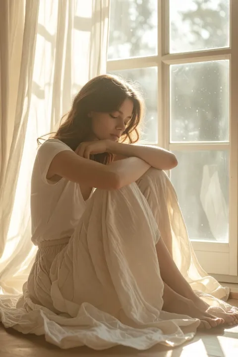 明るい窓辺で、膝を抱えて座る女性。