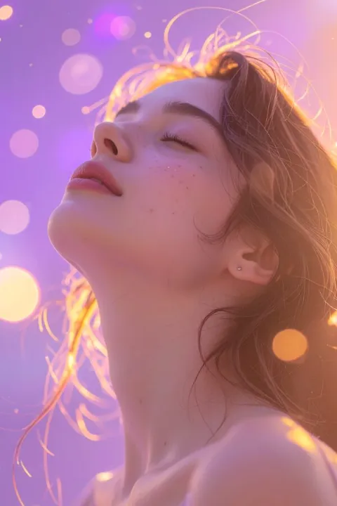 紫と金の光の粒に包まれて、目を閉じて上を向く女性。