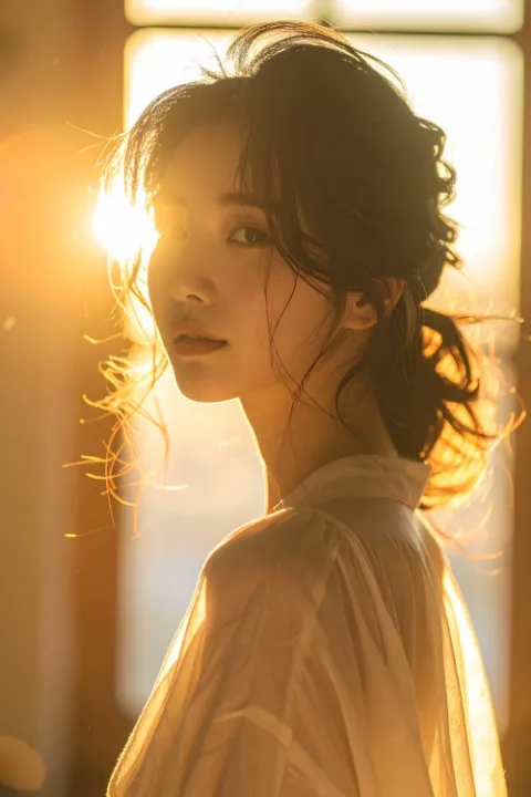 窓辺のやわらかな光のなかで、横を向く女性。