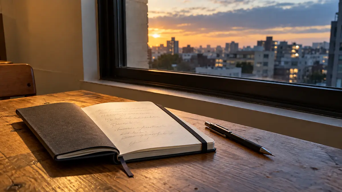 夕暮れの窓辺に置かれた、一冊のノートと鉛筆