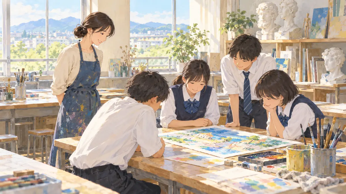 美術室で、生徒たちと作品を囲む教員