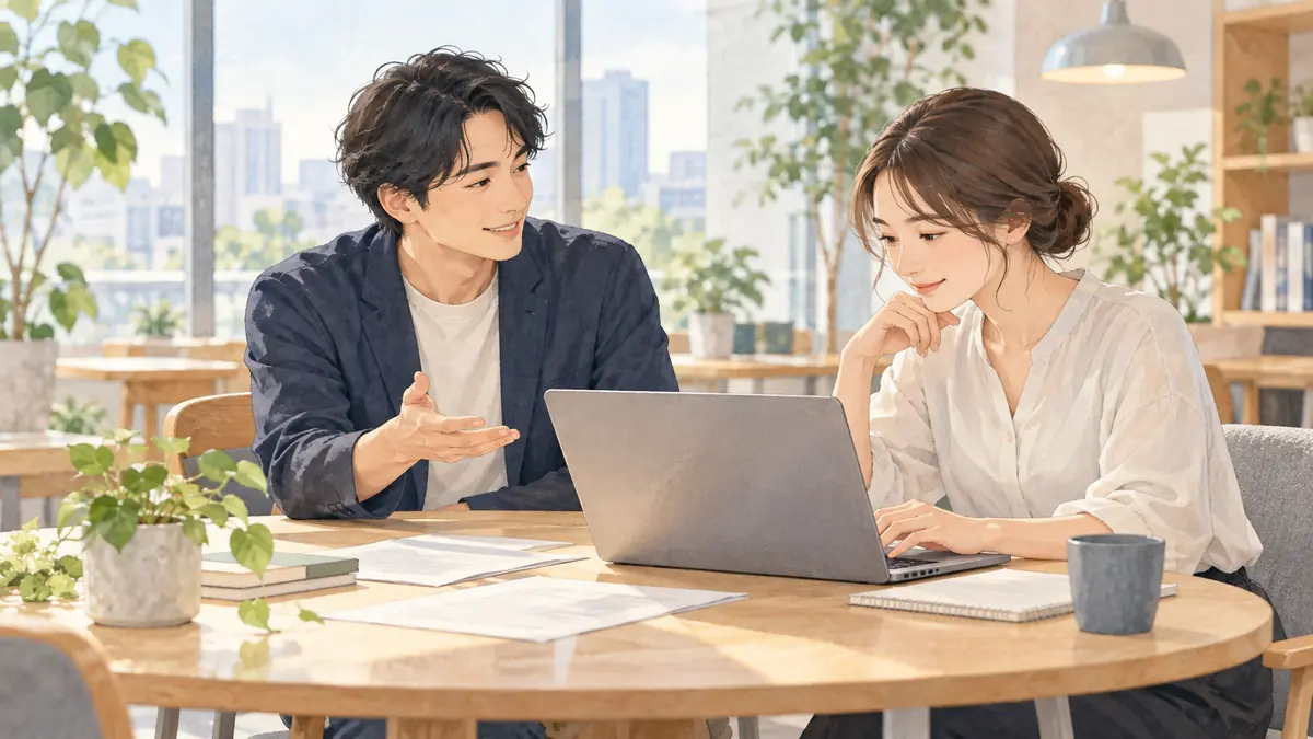 カフェで、笑顔で仕事の打ち合わせをする二人