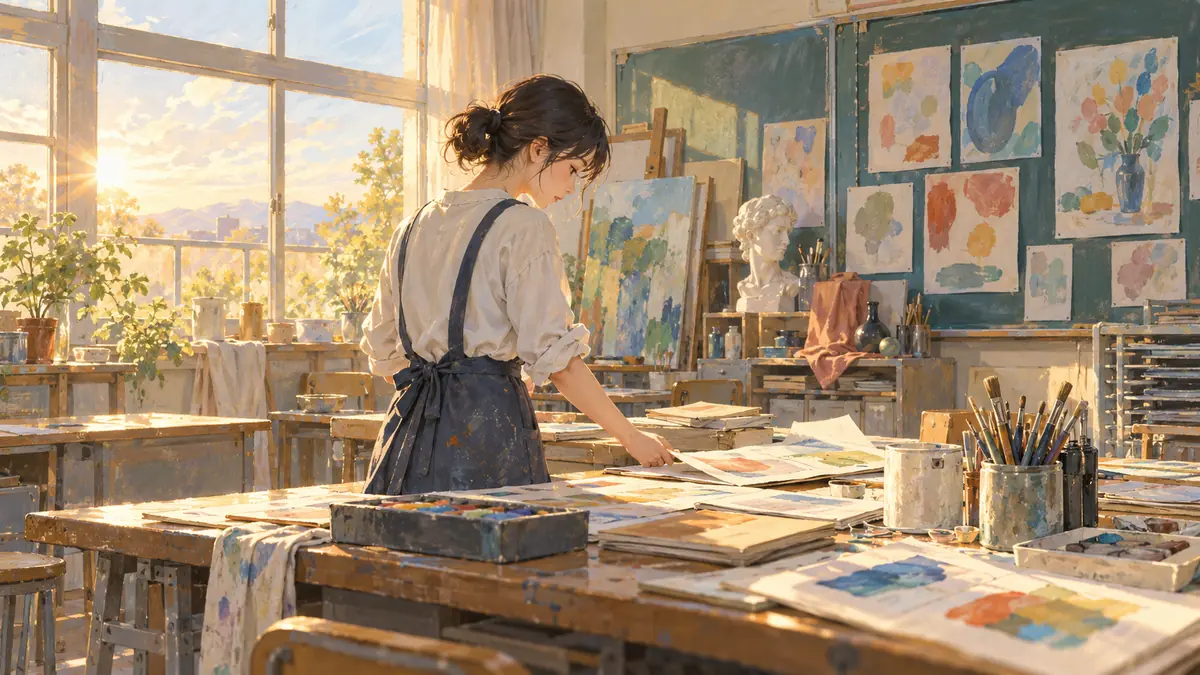 美術室で、生徒の作品を並べる教員時代の女性