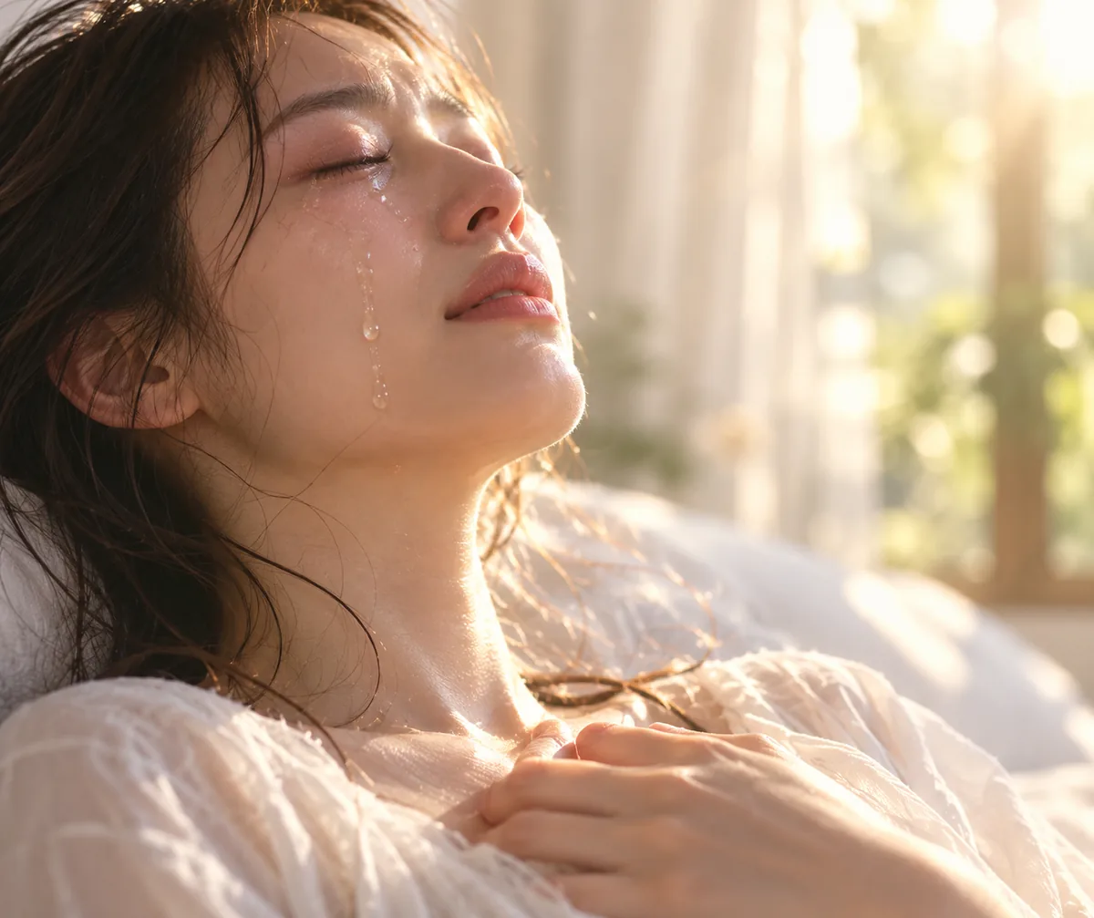 目を閉じ、胸に手を当てて涙を流す女性