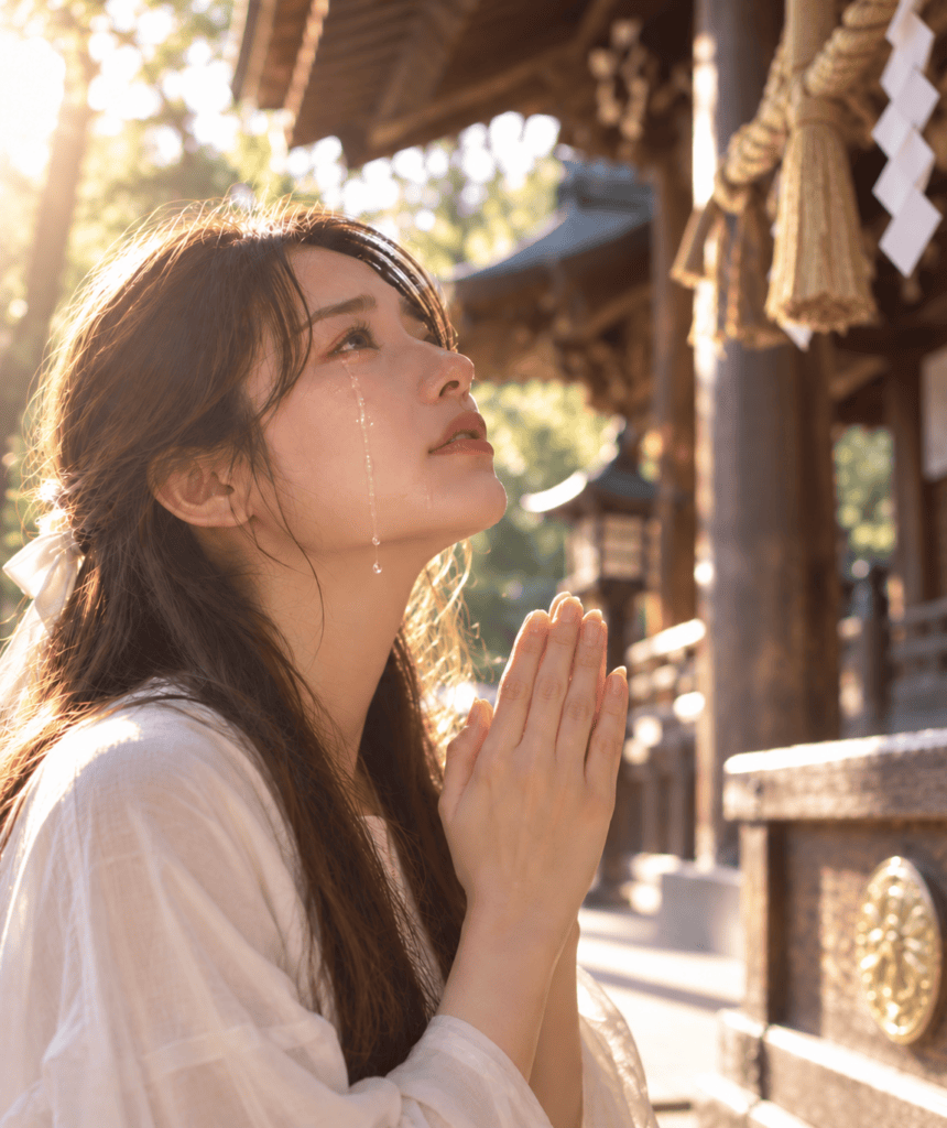 神社の拝殿の前で、木漏れ日の中、手を合わせて空を見上げる女性