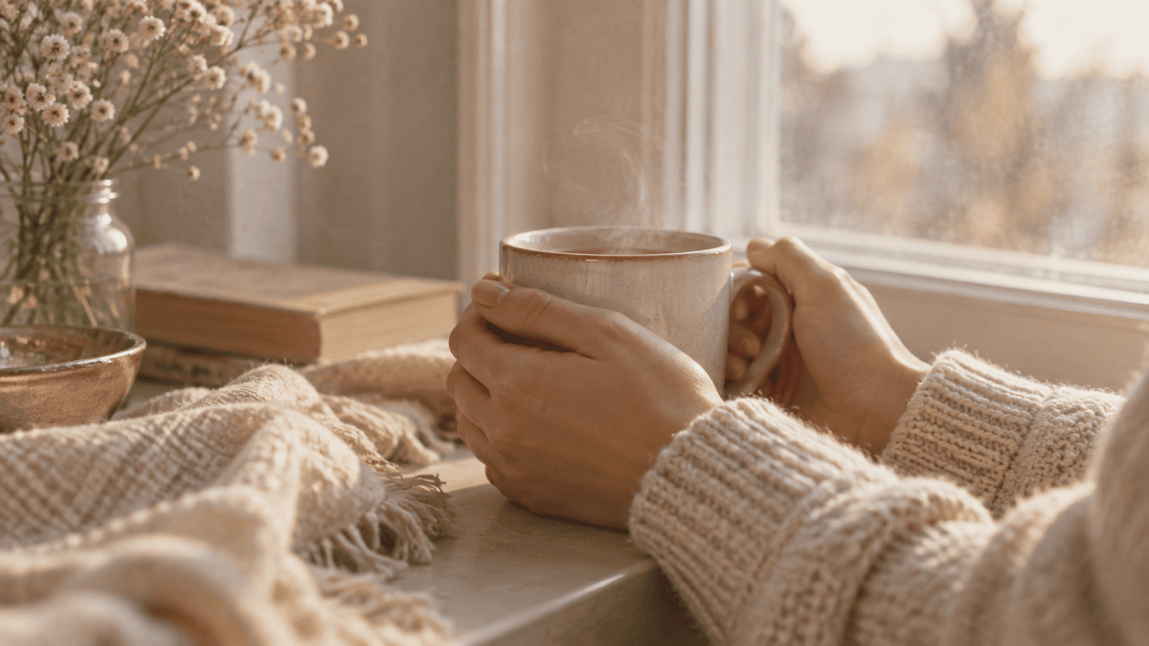 両手でコーヒーカップを包むように持つ