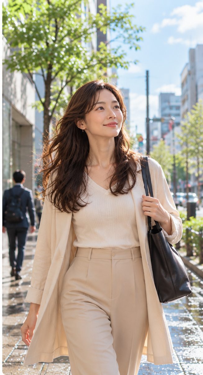 午前の街を、前を向いて歩く女性