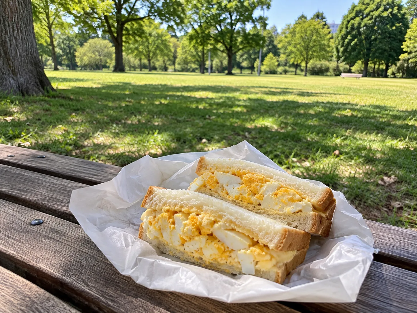 公園のベンチに包み紙を広げて置かれた卵サンド