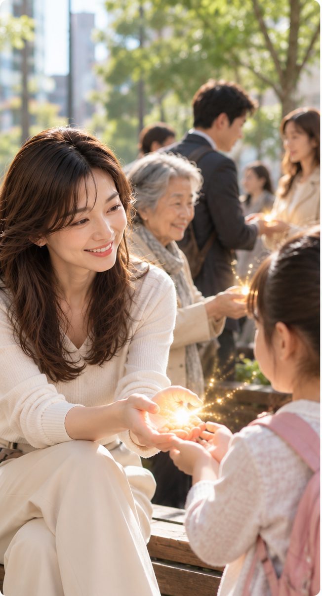 まわりの人たちに笑顔を向け、言葉を交わす女性