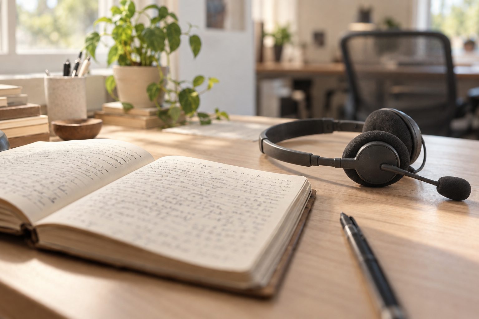 書き込みのあるノートとヘッドセットが置かれた、自然光の差すデスク
