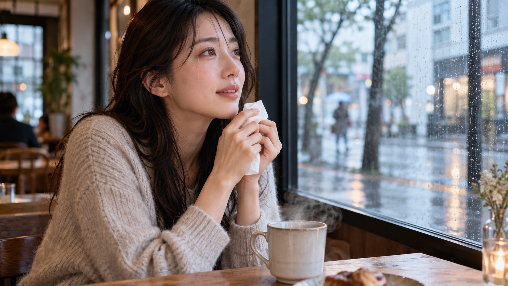 雨の日のカフェで、カップを手に、窓の外を見つめる女性