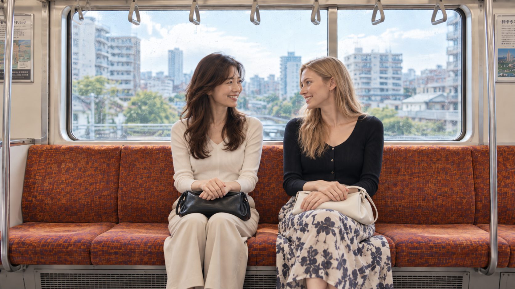雨上がりの電車の中で、隣り合って座り、語らう二人の女性